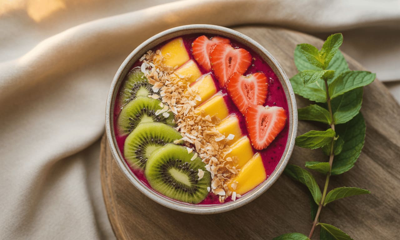 Tropische Smoothie-Bowl mit Drachenfrucht, Mango und Kiwi,