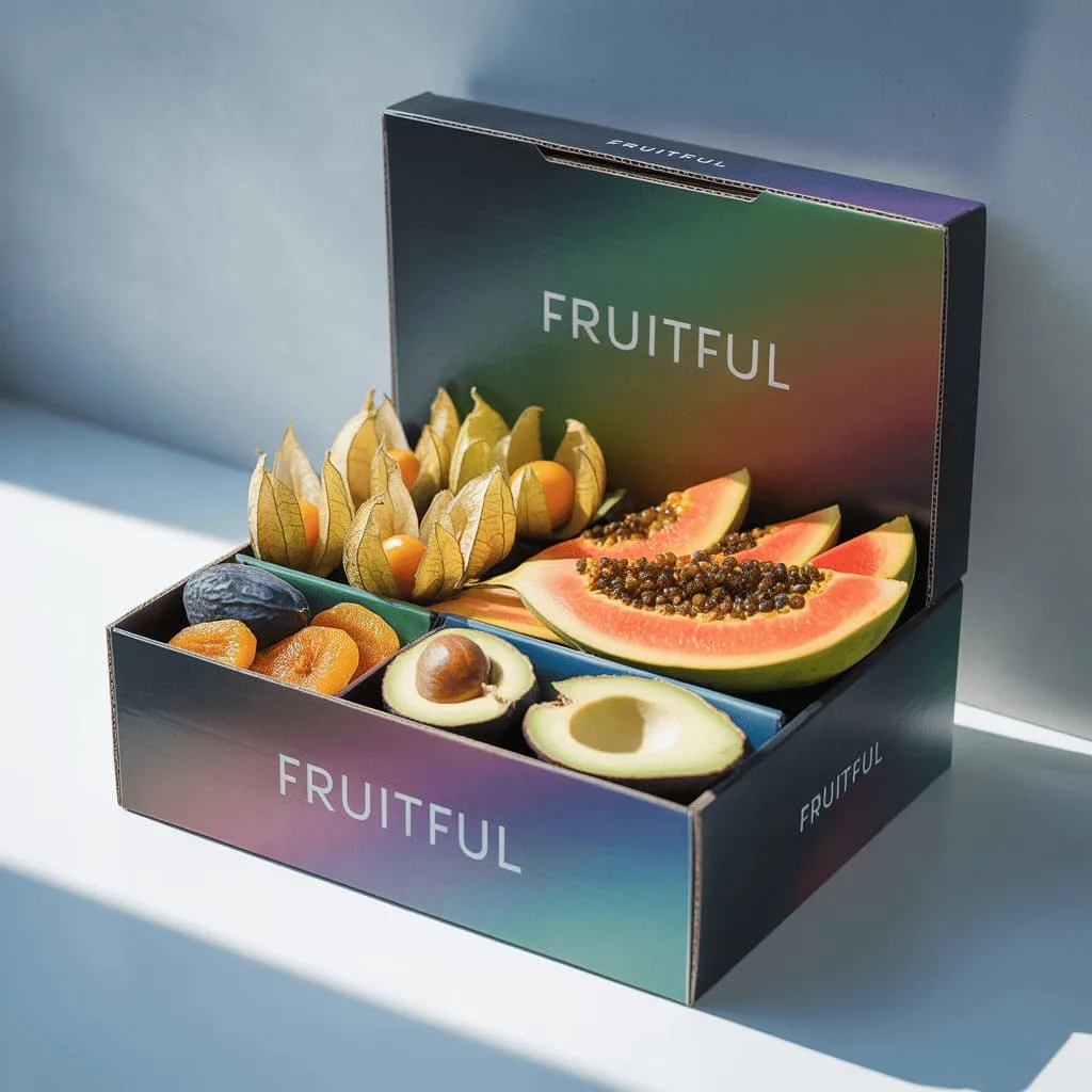 gesunde vegane Obstbox mit Papaya, Physalis, Avocado und Trockenfrüchten,