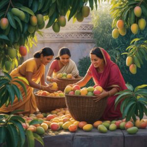 ancient Indian painting depicting mango harvest traditional culture