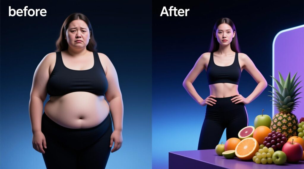 before and after photos of weight loss transformation with exotic fruits arranged nearby