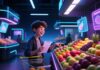 person happily shopping for exotic fruits at colorful market with shopping list