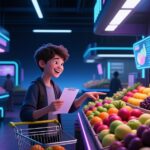 person happily shopping for exotic fruits at colorful market with shopping list