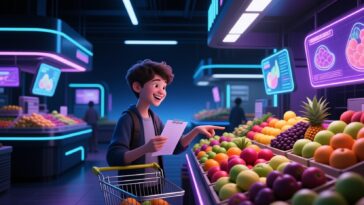 person happily shopping for exotic fruits at colorful market with shopping list