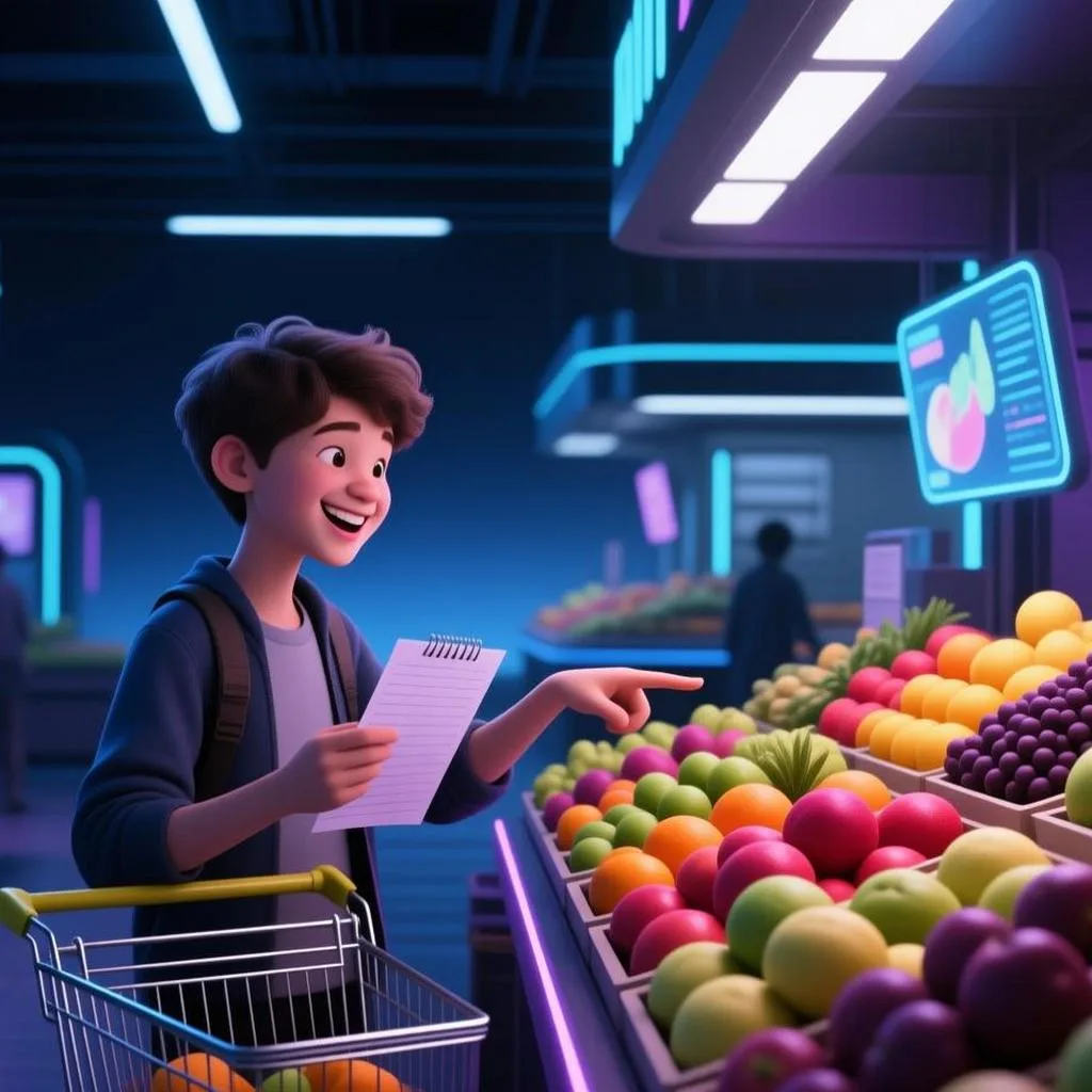 person happily shopping for exotic fruits.