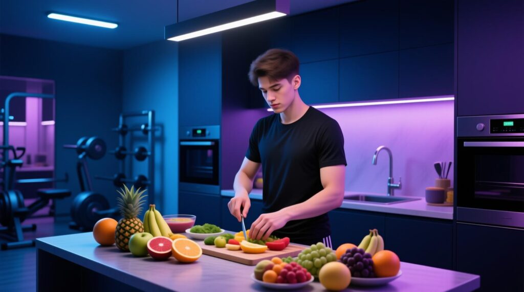 person preparing a healthy meal with exotic fruits in a modern kitchen with workout equipment visible