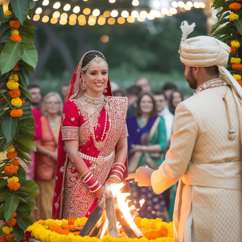 traditional Indian wedding ceremony with mango leaves decoration and fruits as offerings