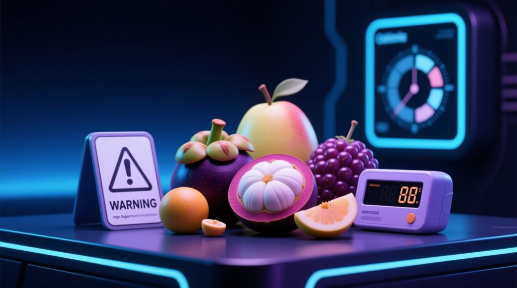various high sugar exotic fruits with warning sign nearby and calorie counter