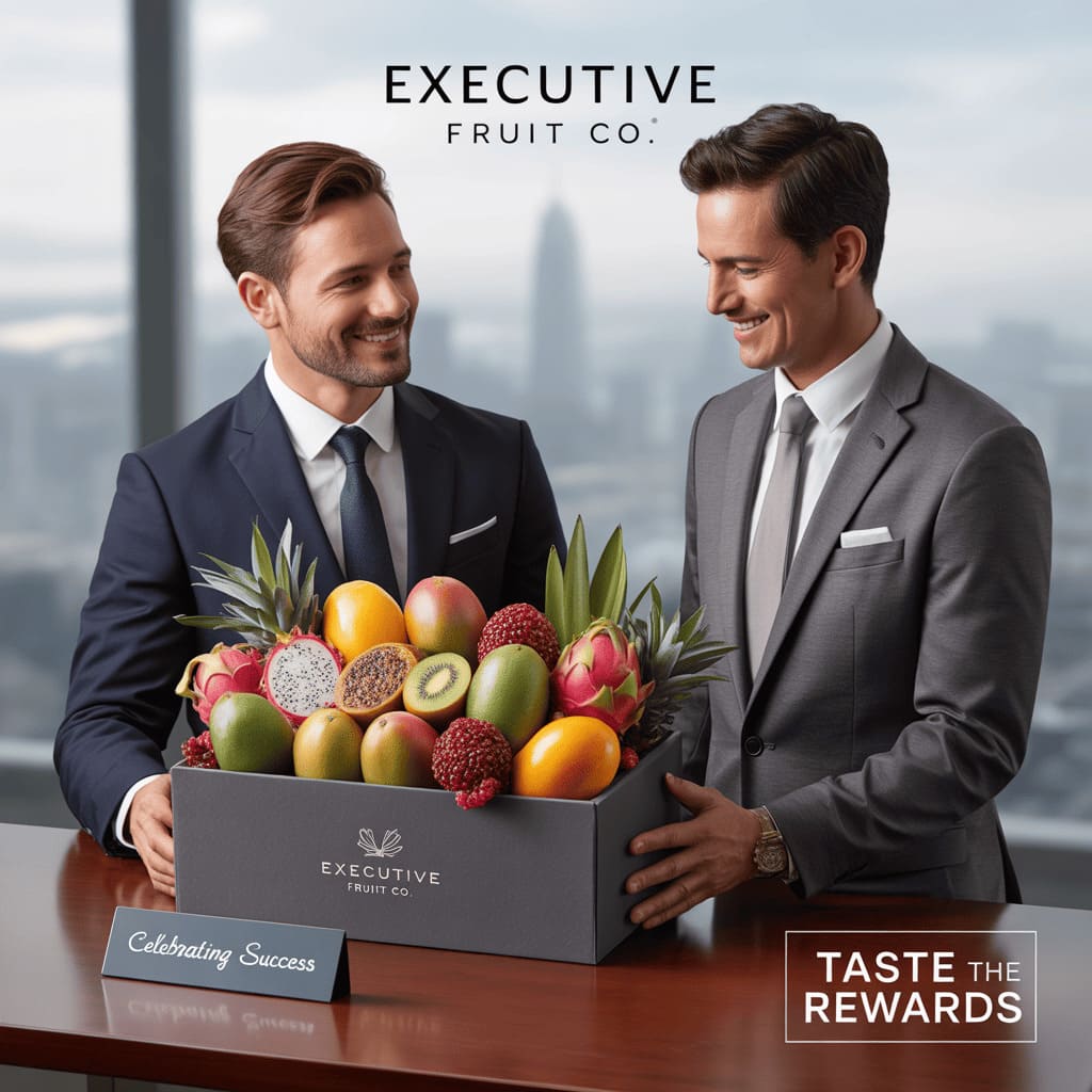 men enjoying exotic fruits gift basket