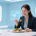 happy healthy person eating colorful meal smiling