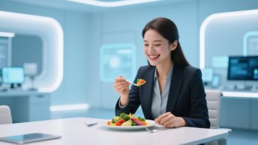 happy healthy person eating colorful meal smiling