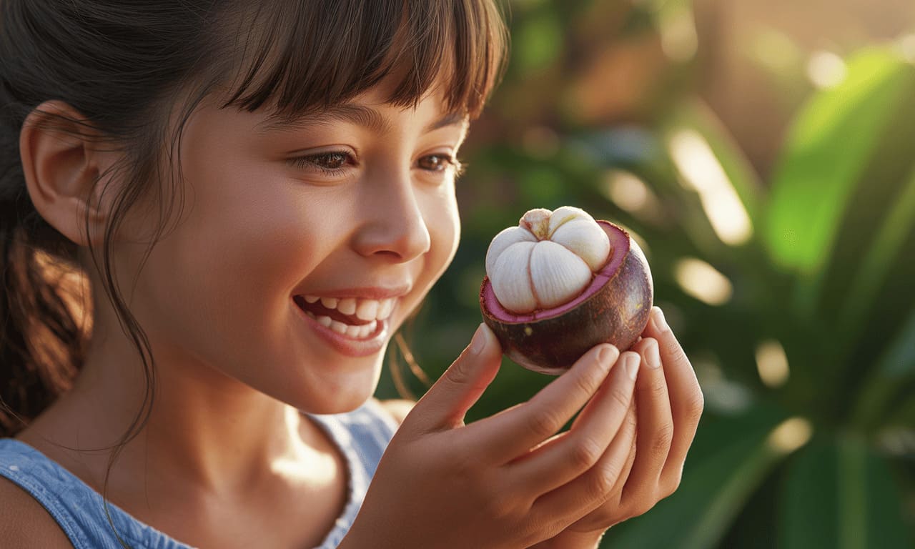 a girl enjoys biting into a Mangosteen Fruit