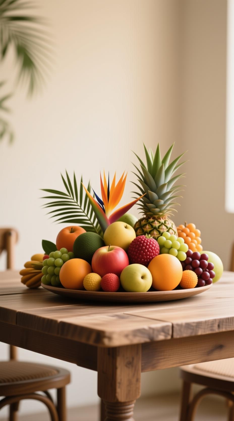 colorful tropical exotic fruits arrangement on rustic wooden table