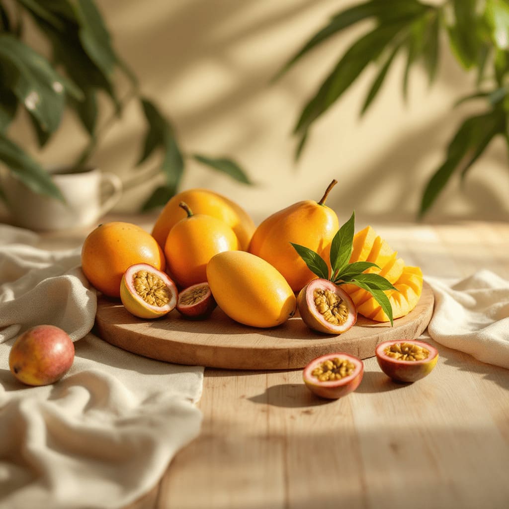 fresh exotic tropical fruits mango papaya passionfruit on wooden table