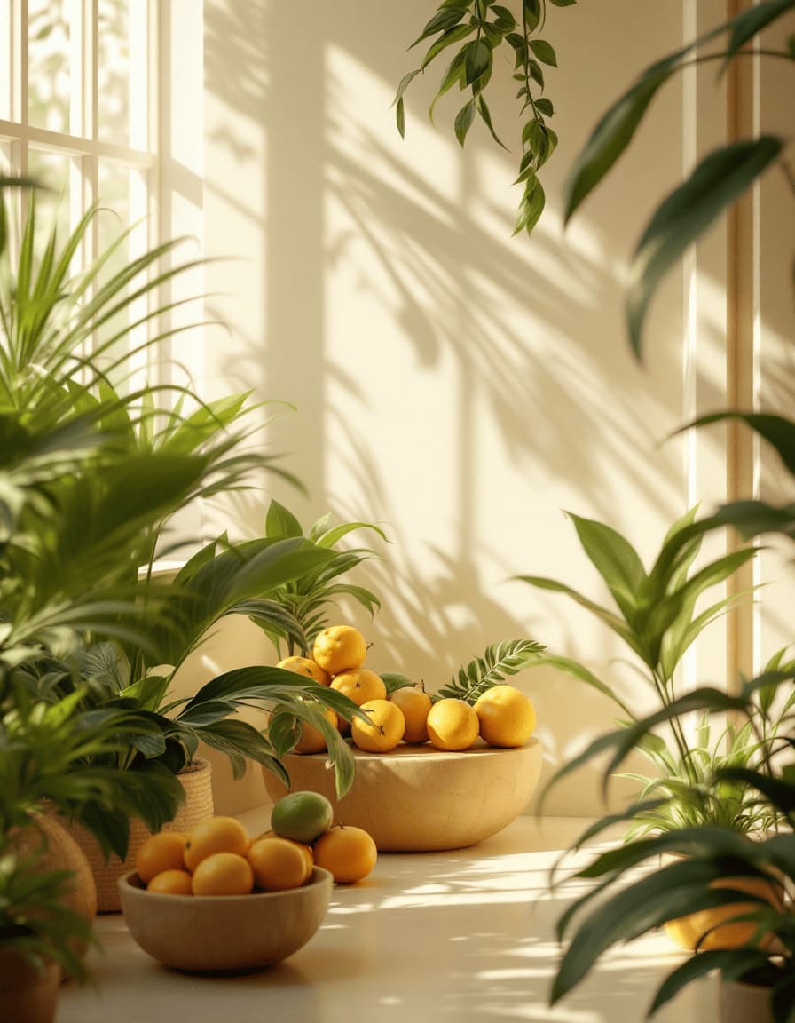 lush indoor tropical garden with exotic fruits and plants in bright sunlight