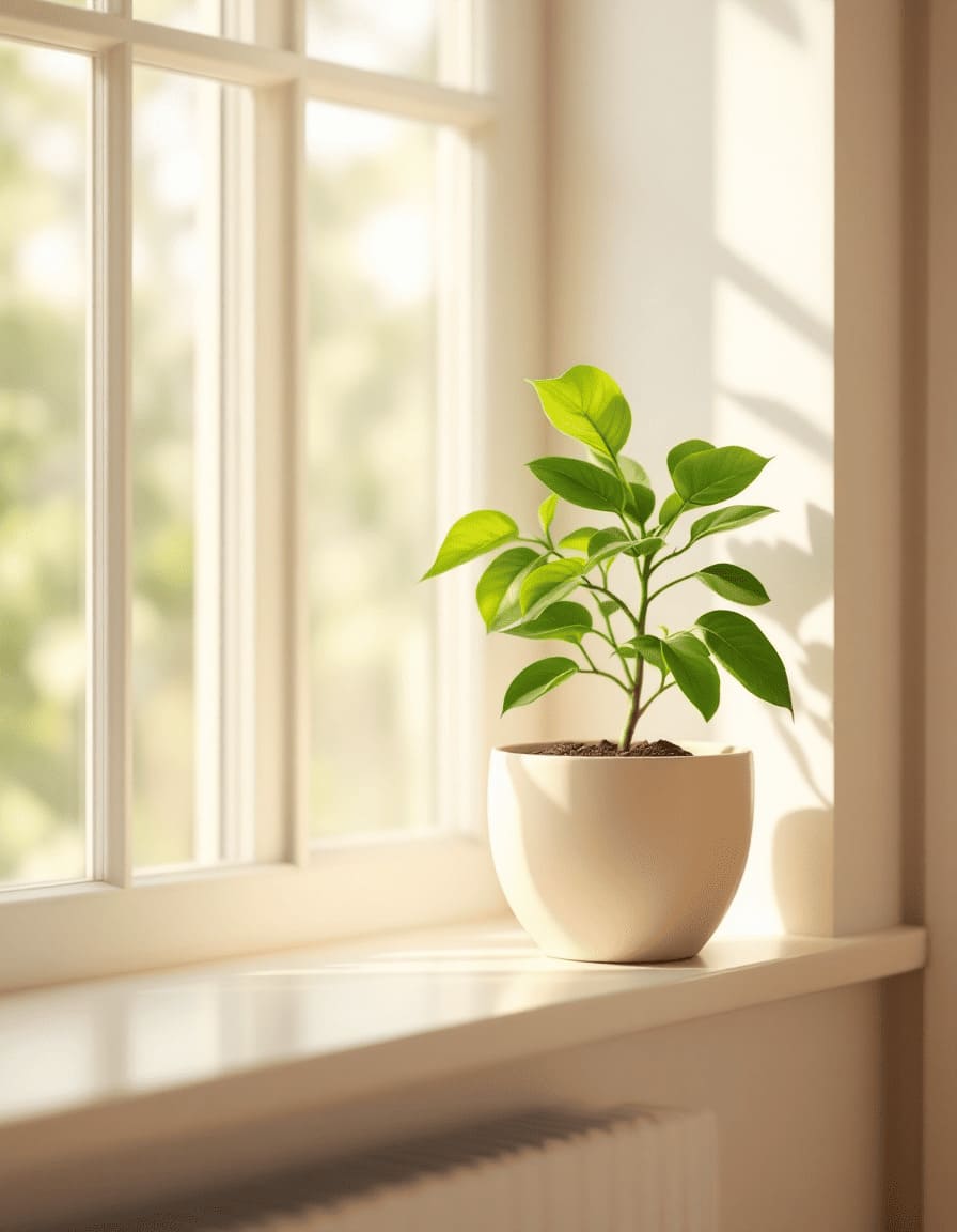 mango seedling growing on sunny windowsill in pot with tropical leaves