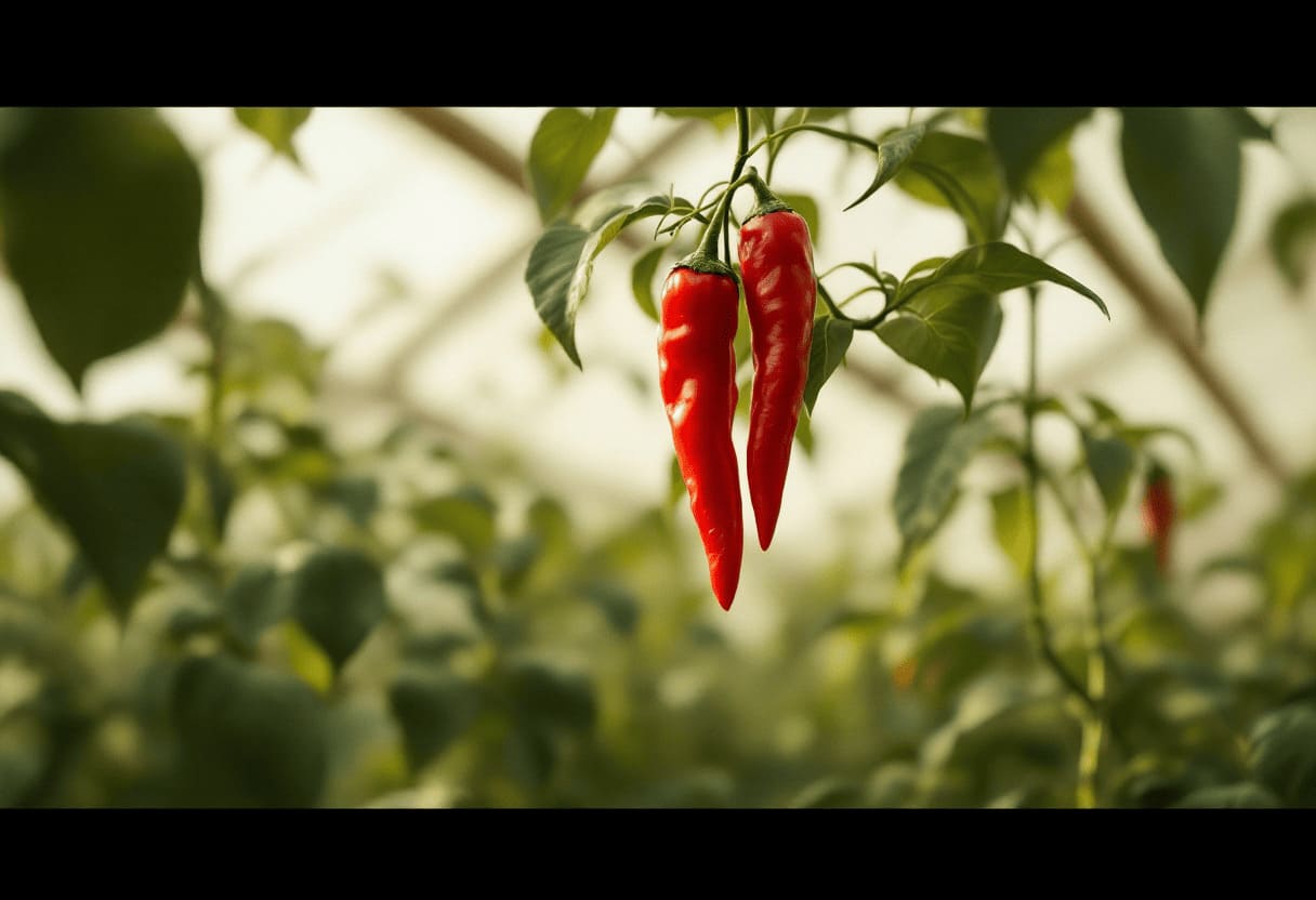red chili peppers growing on plant in greenhouse