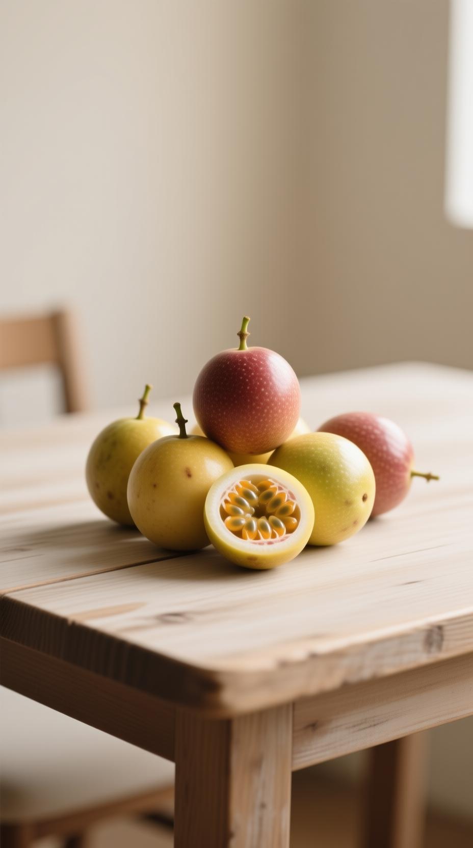 ripe passion fruits on wooden table
