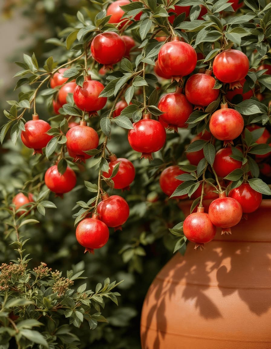 ripe red pomegranate fruits hanging on bush in large pot outdoor garden