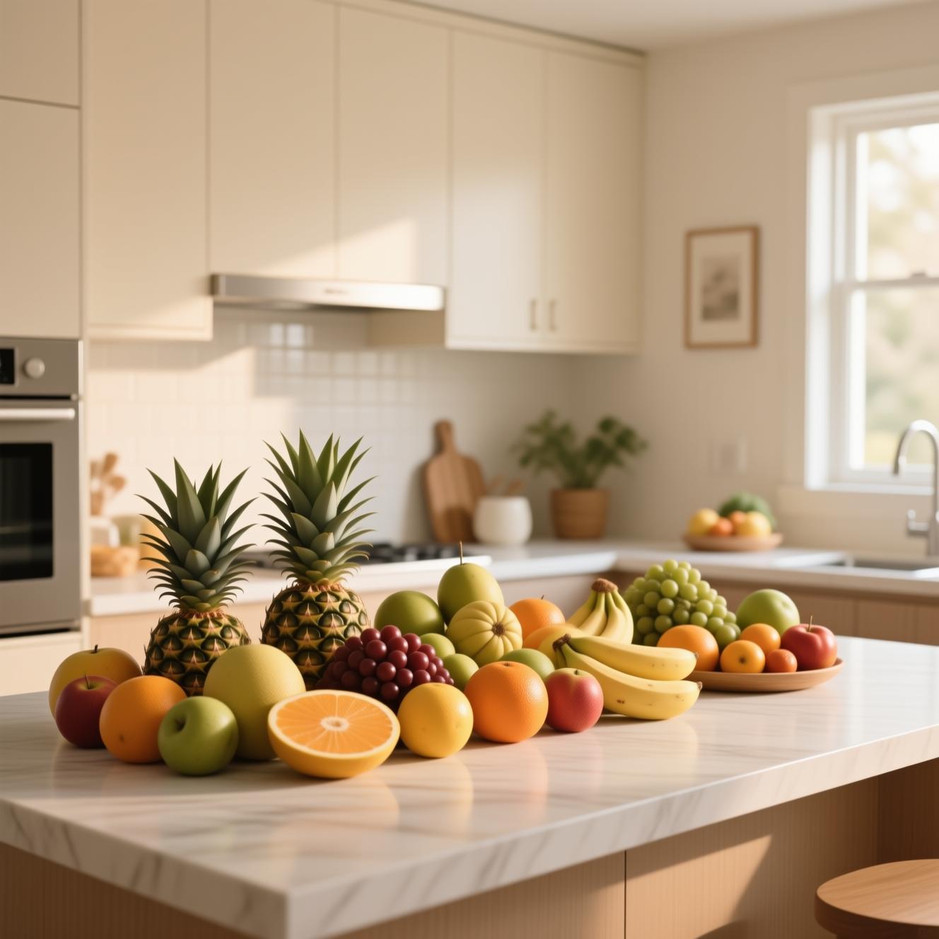 tropical fruits on kitchen counter room temperature