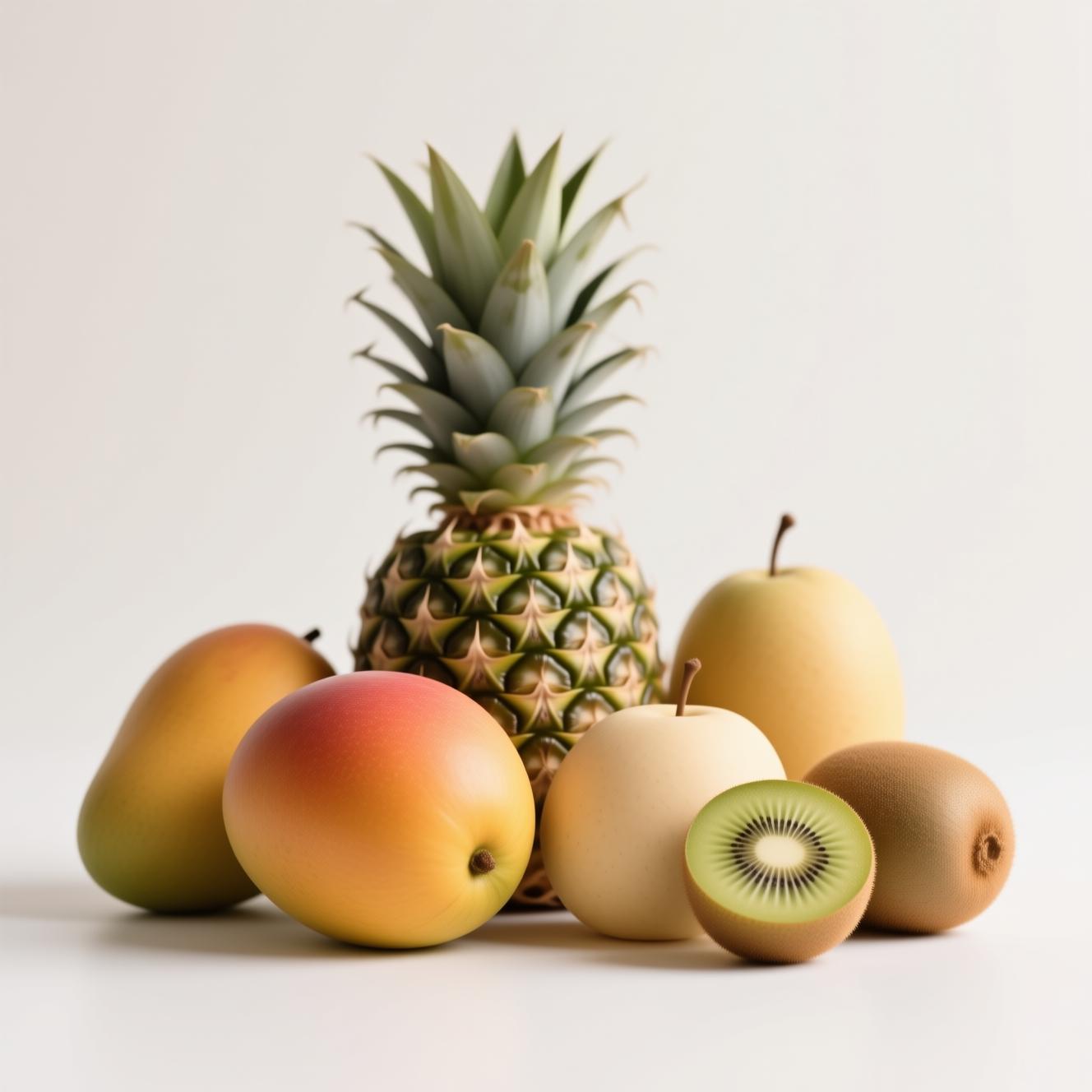 tropical pineapple mango kiwi fruit collection white background