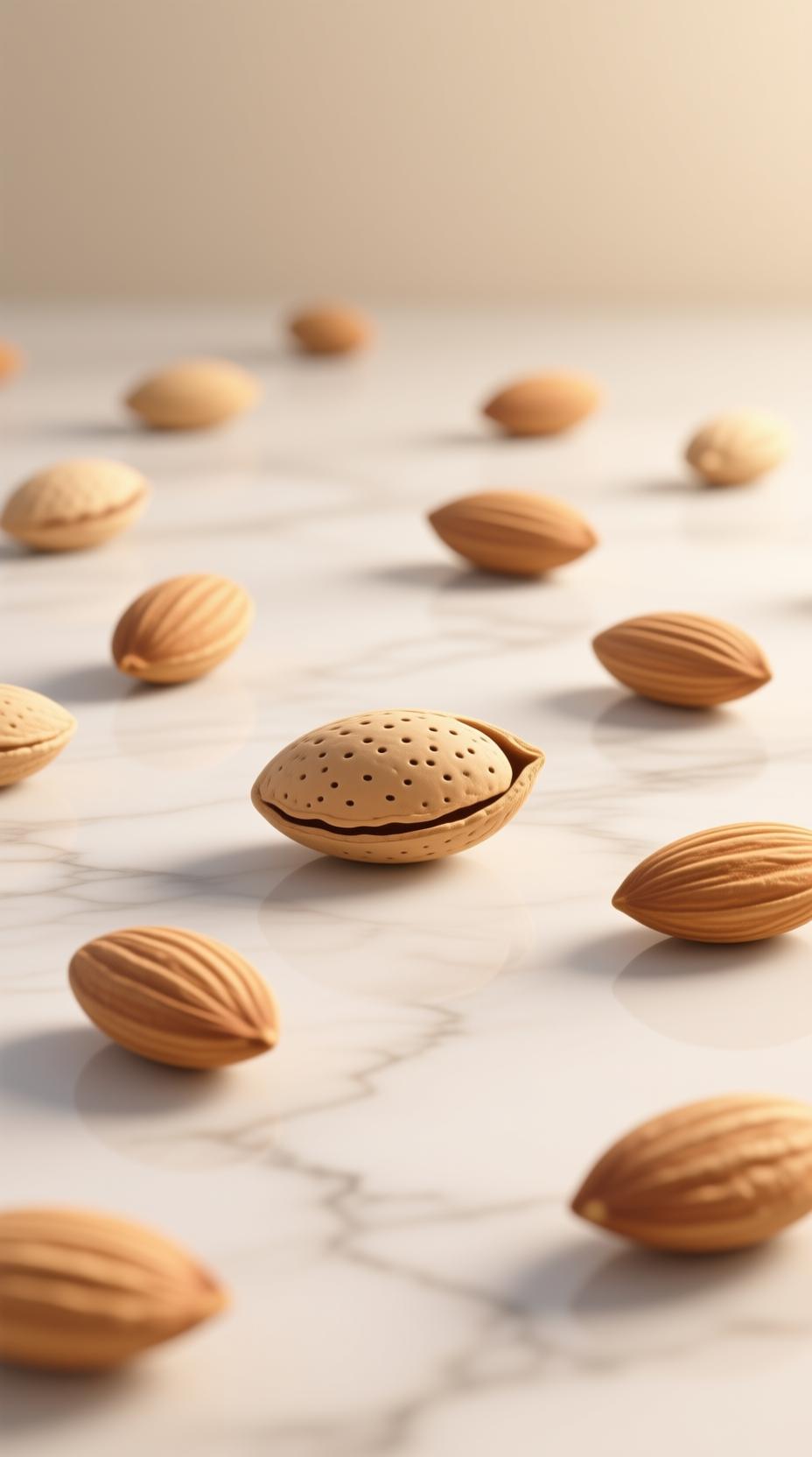 almonds scattered on marble background beautiful lighting
