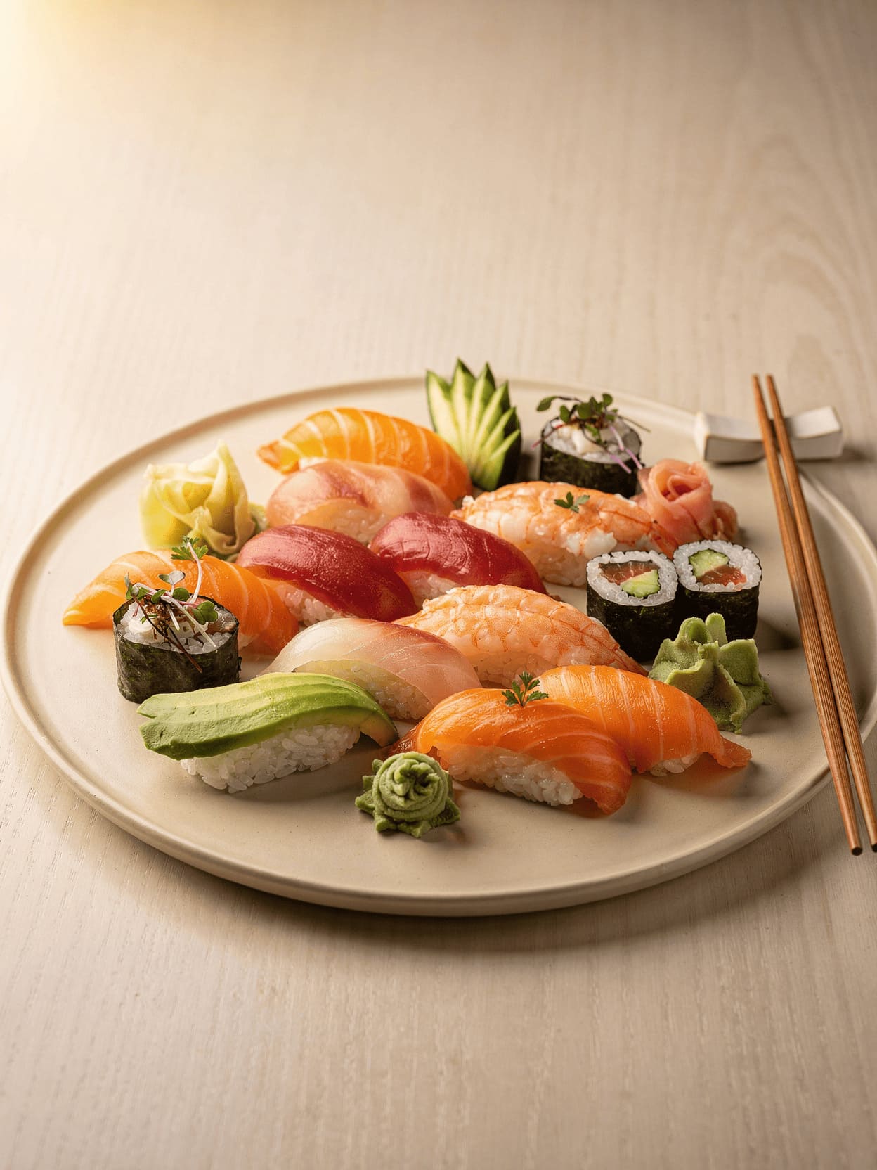 beautiful fresh sushi platter with colorful rolls and ingredients