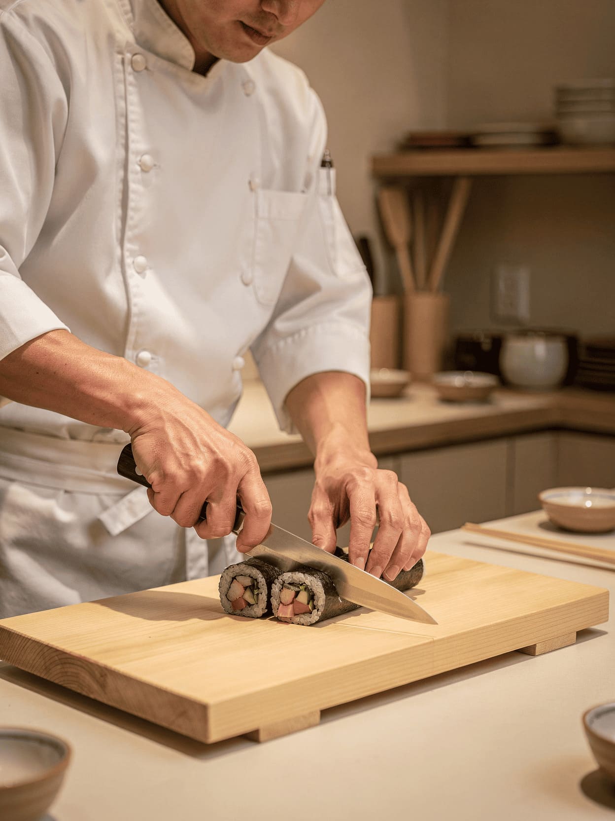 cutting sushi rolls with sharp knife clean slices