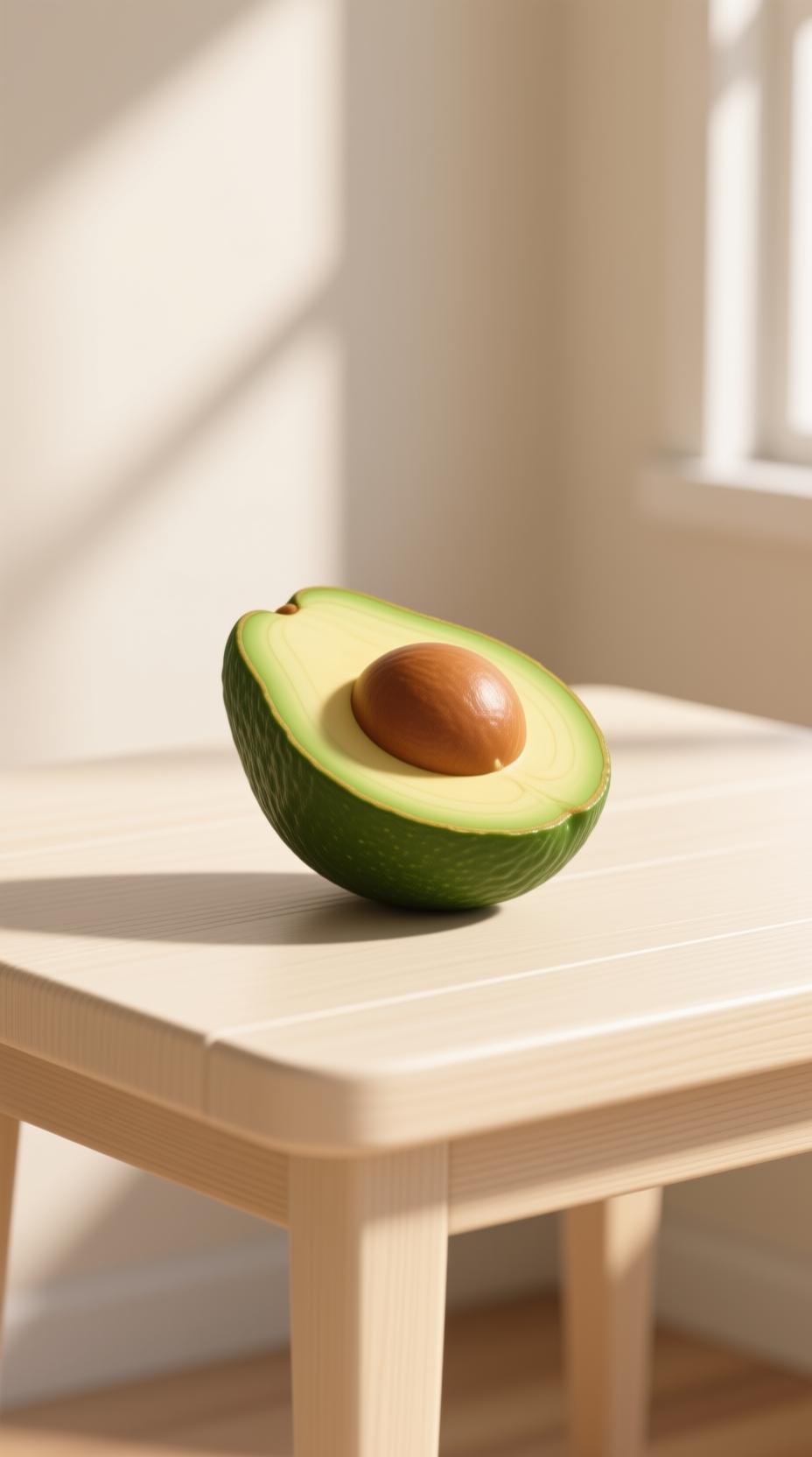 fresh avocado cut in half on wooden table natural lighting