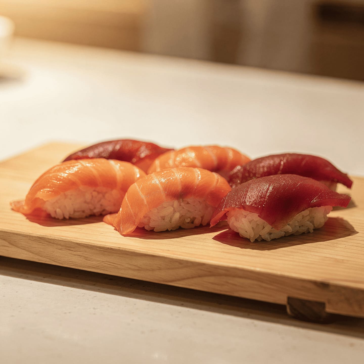 nigiri sushi with salmon tuna on wooden board