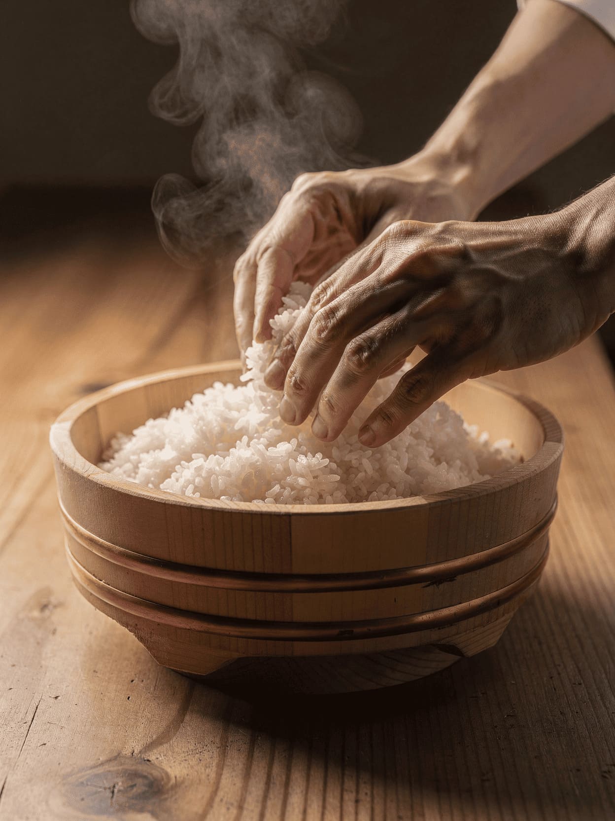 preparing seasoned sushi rice in wooden bowl