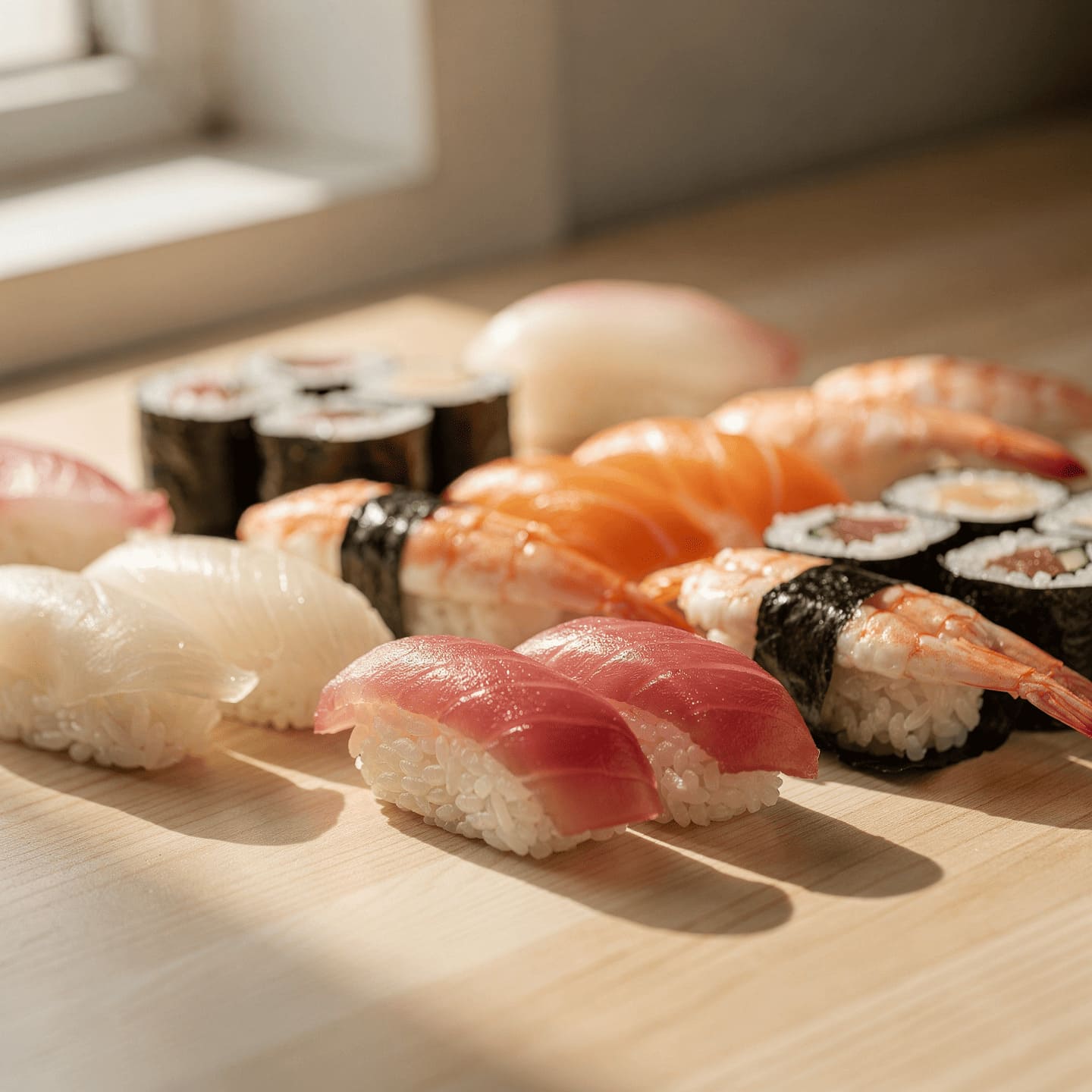 traditional Japanese sushi varieties maki nigiri display
