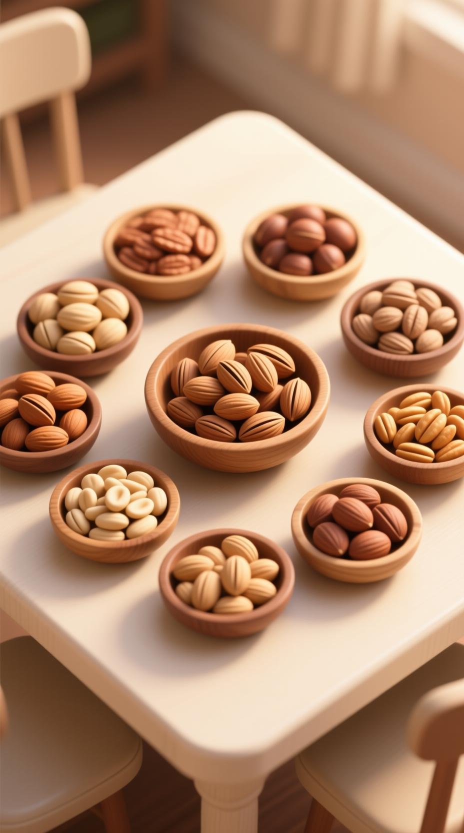 variety of nuts in wooden bowls on rustic table top view