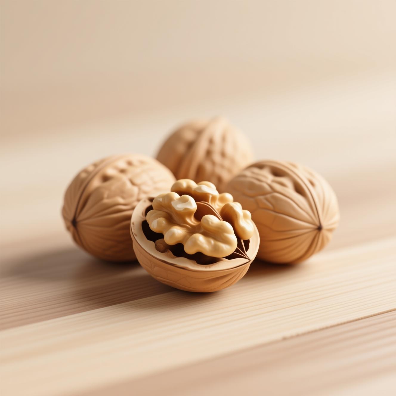 walnuts close up on wooden surface