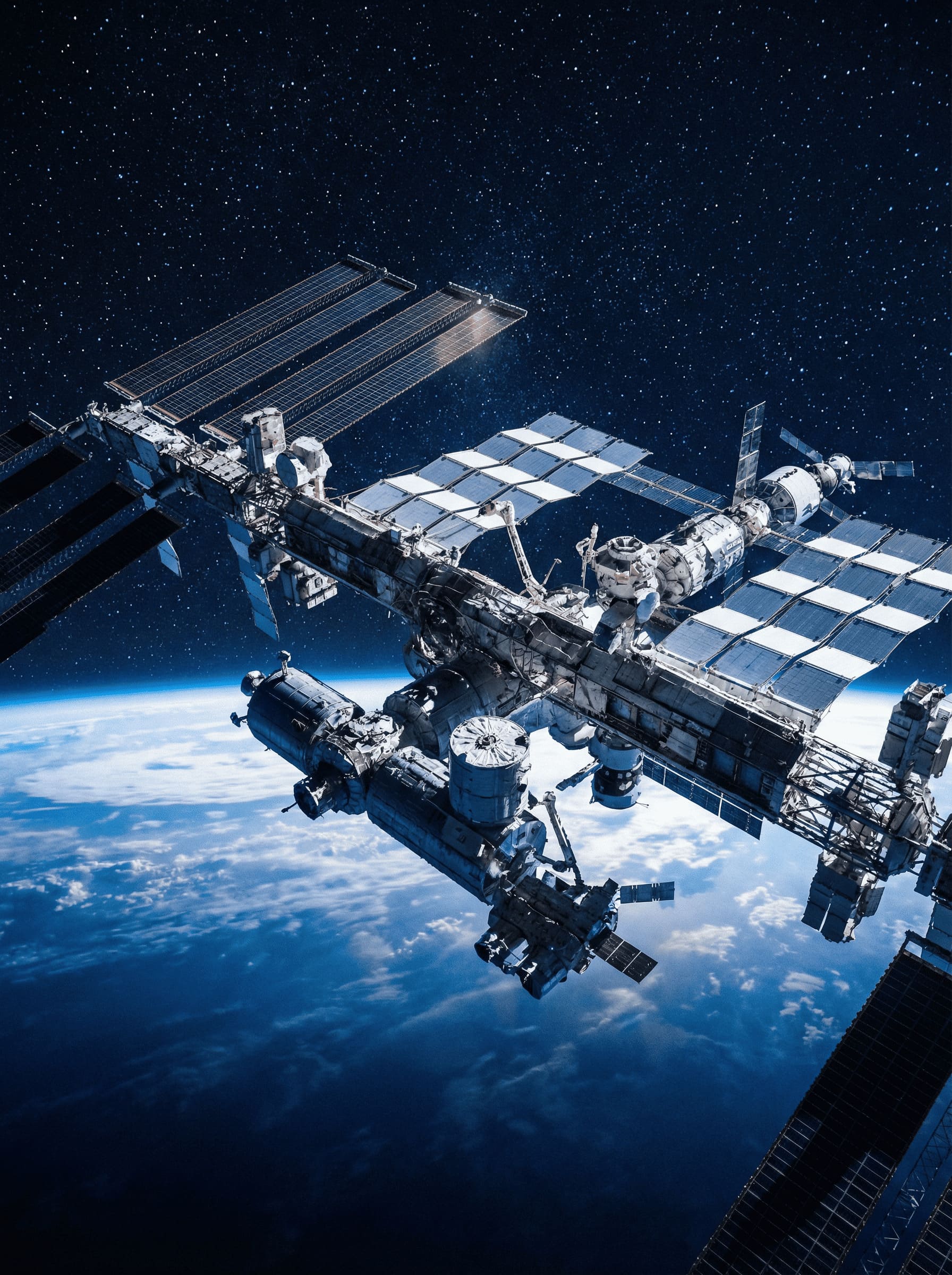 International Space Station orbiting Earth with stars in background,