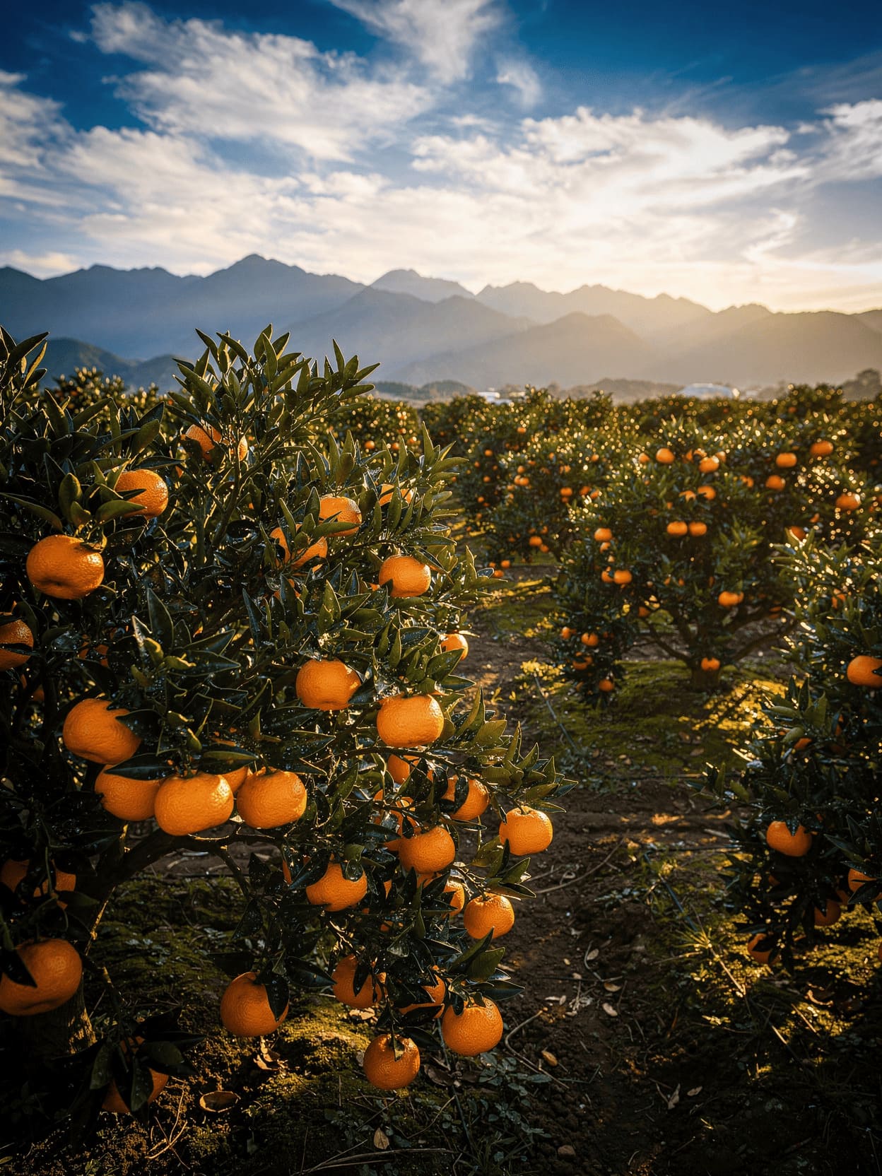 Japanese mandarin orange grove with mountains in background