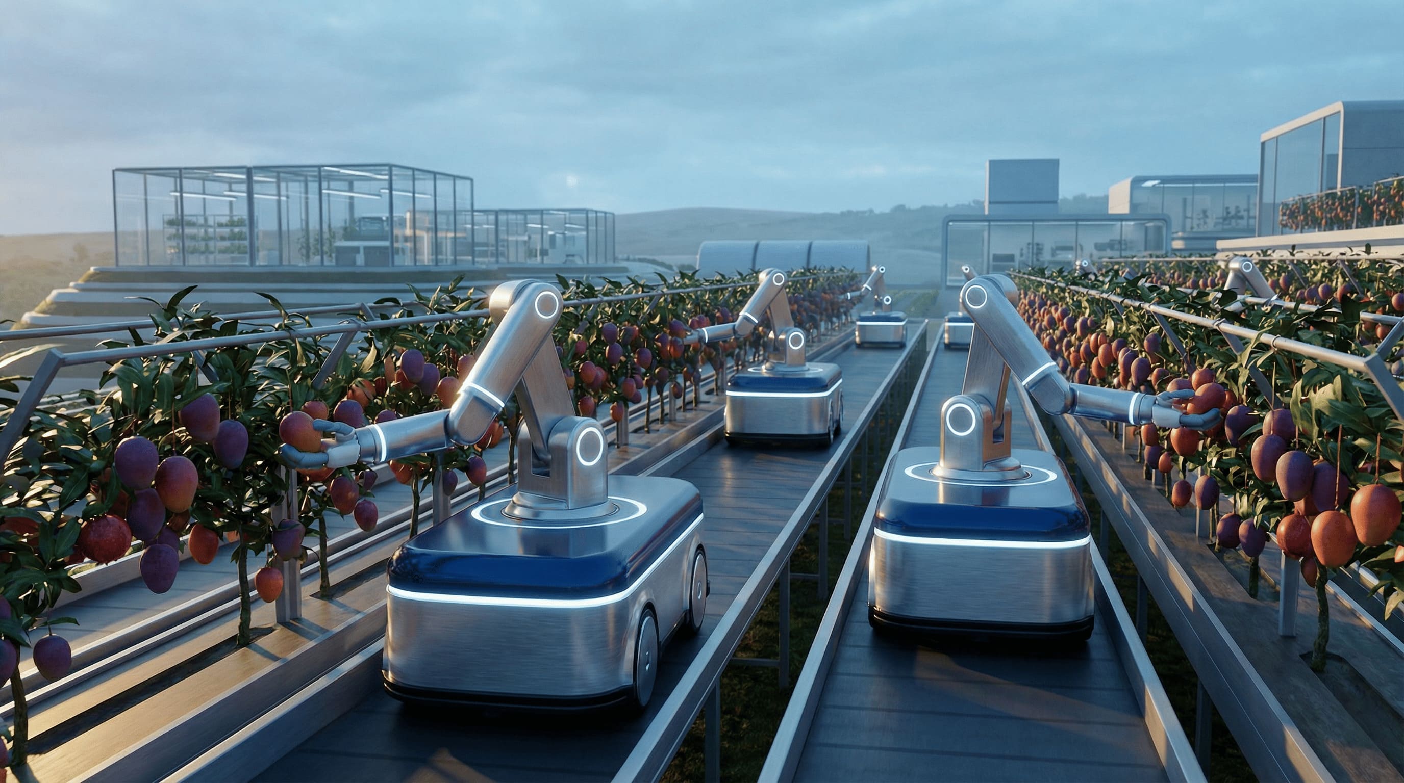 agricultural robots harvesting exotic fruits in modern farm,