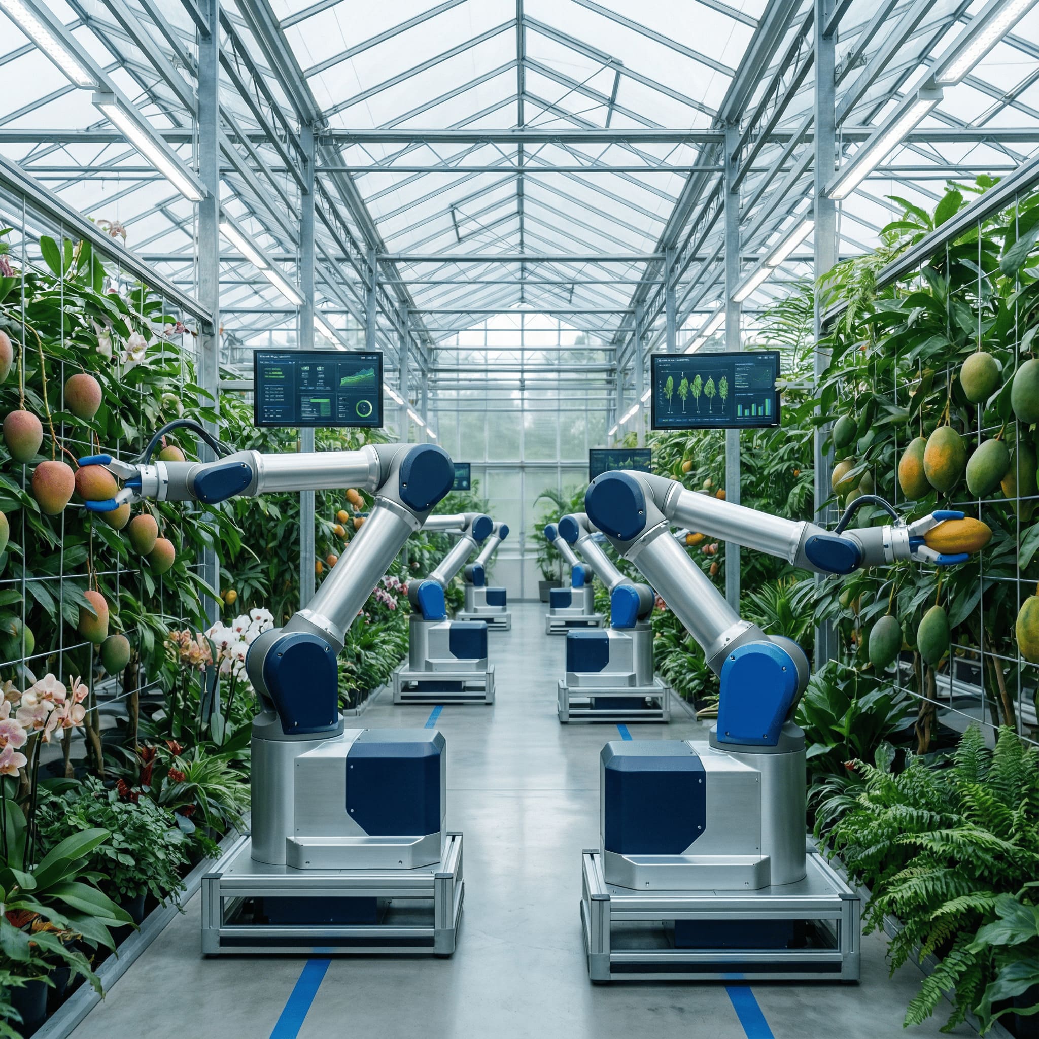agricultural robots harvesting tropical fruits in modern greenhouse