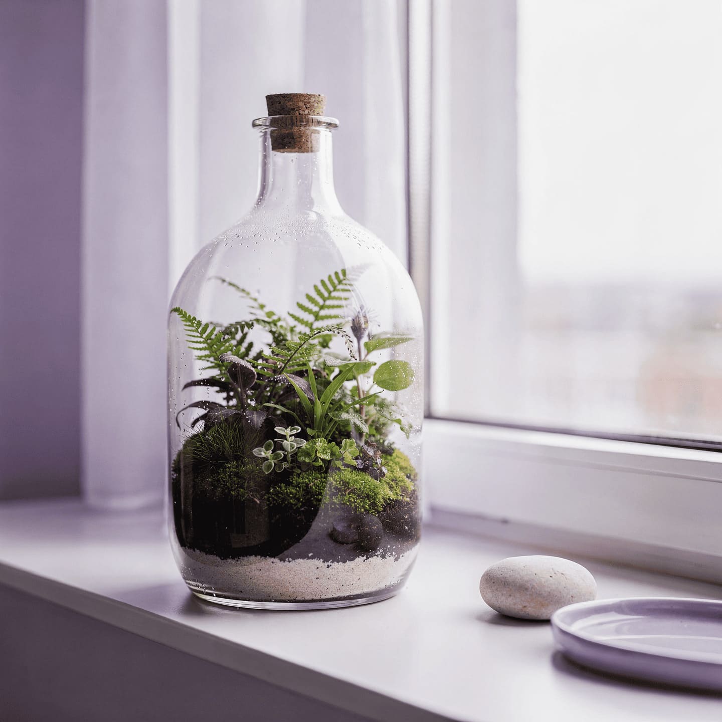 beautiful bottle garden terrarium on windowsill with bright indirect light
