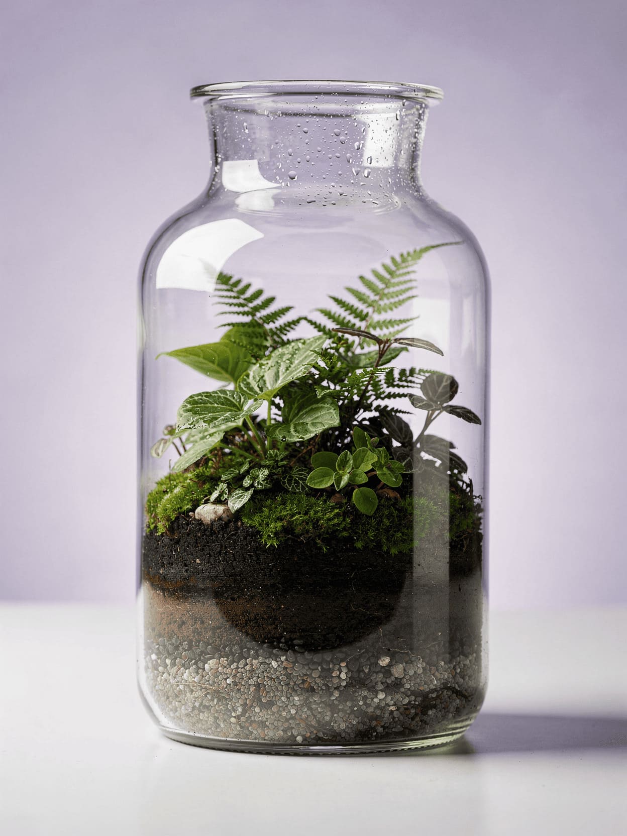 beautiful terrarium bottle garden with lush green plants in glass jar