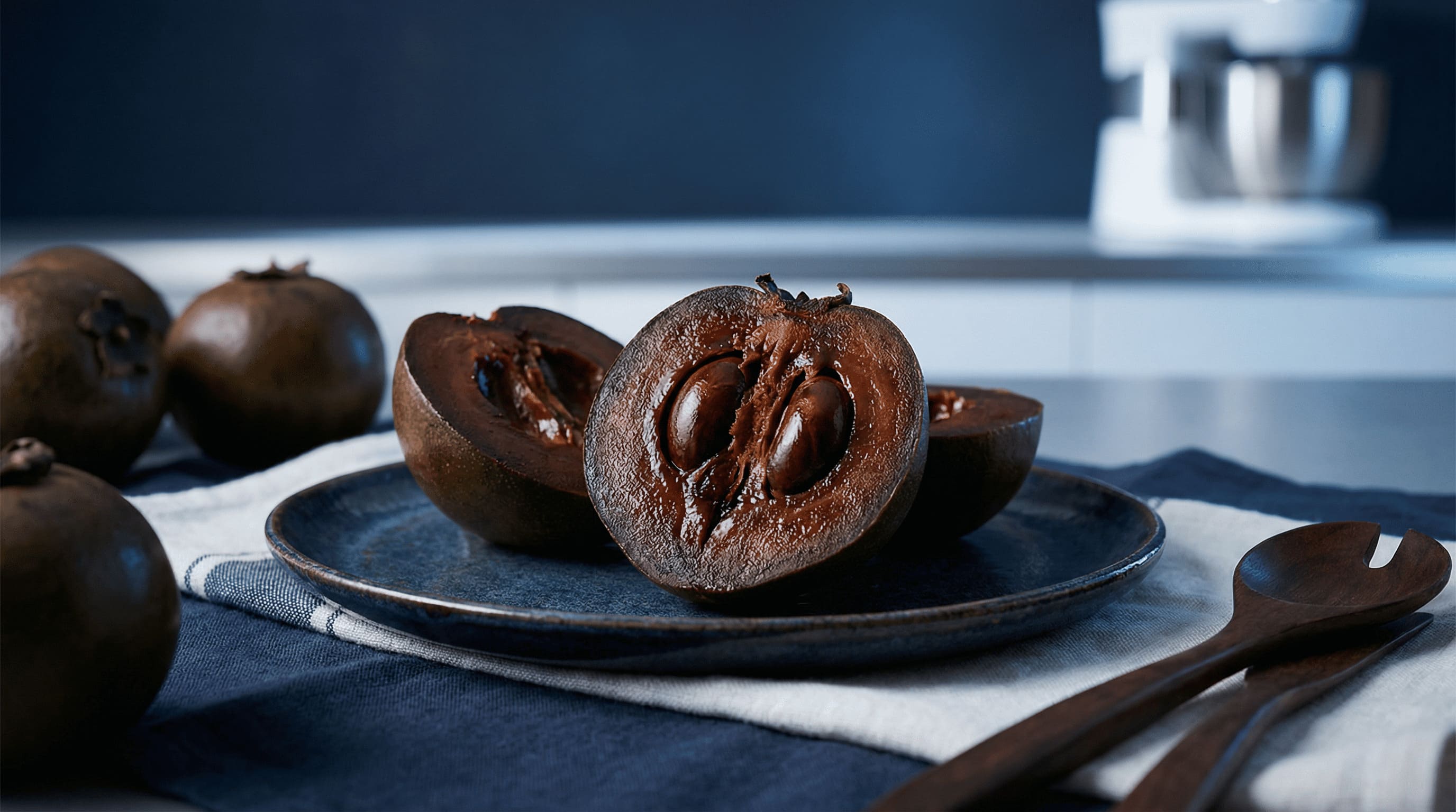 black sapote chocolate pudding fruit cut open showing dark flesh