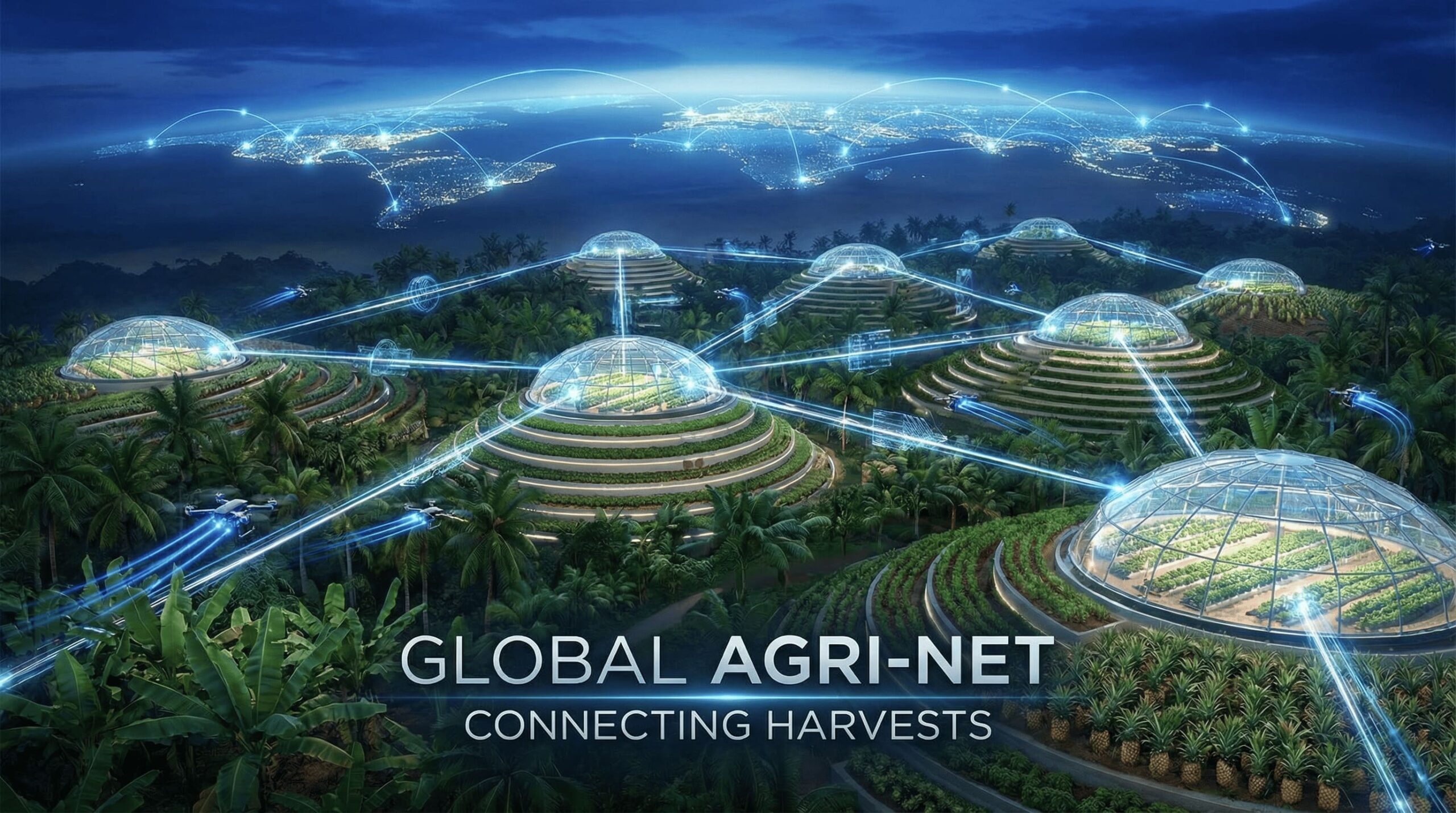 futuristic digital network connecting tropical fruit farms worldwide