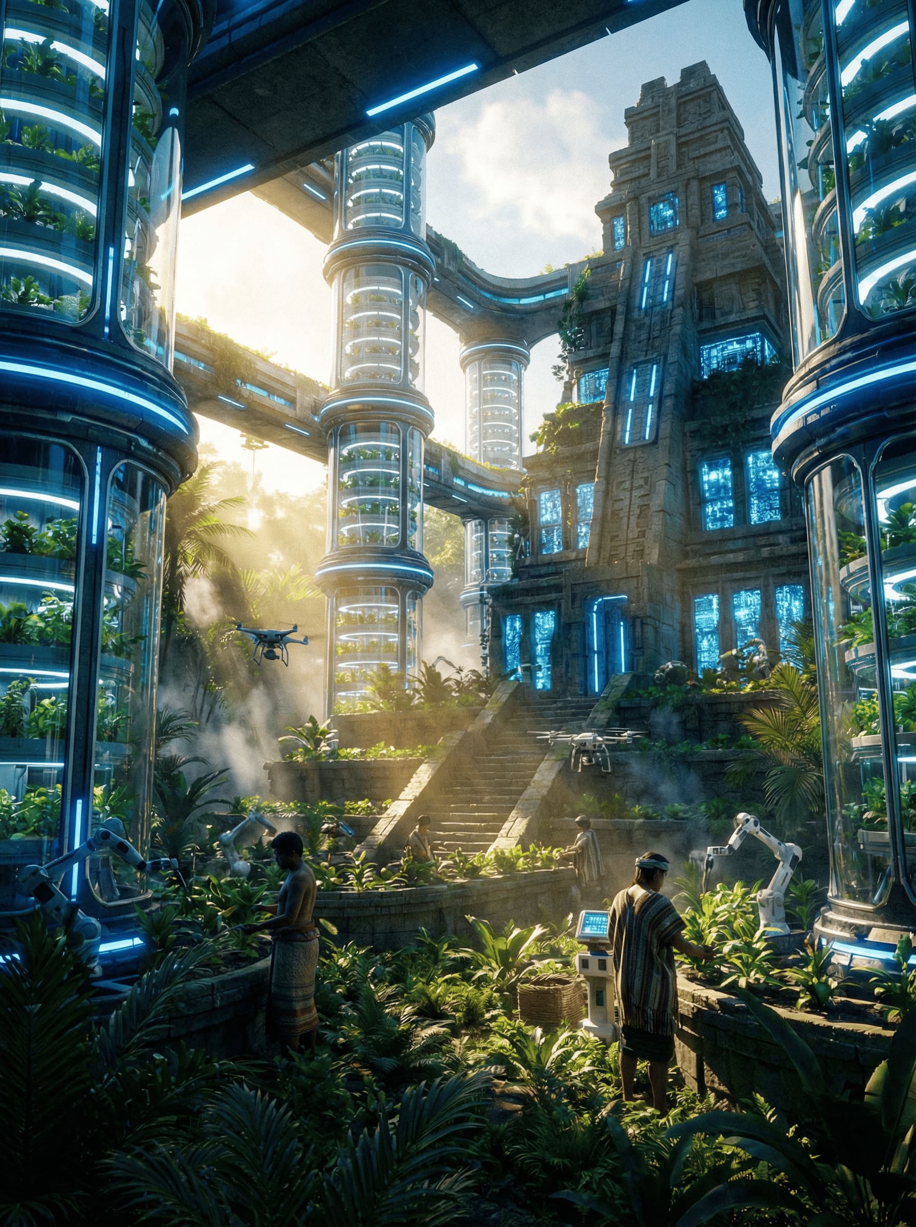 futuristic tropical farm combining ancient wisdom