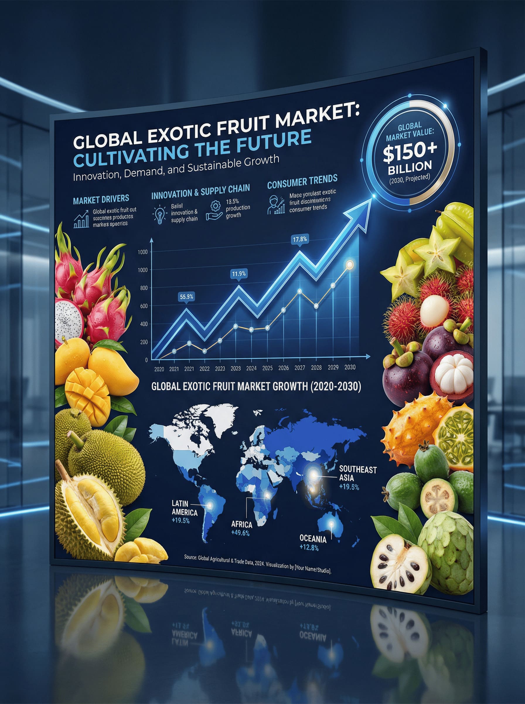 infographic style visualization of global exotic fruit market growth