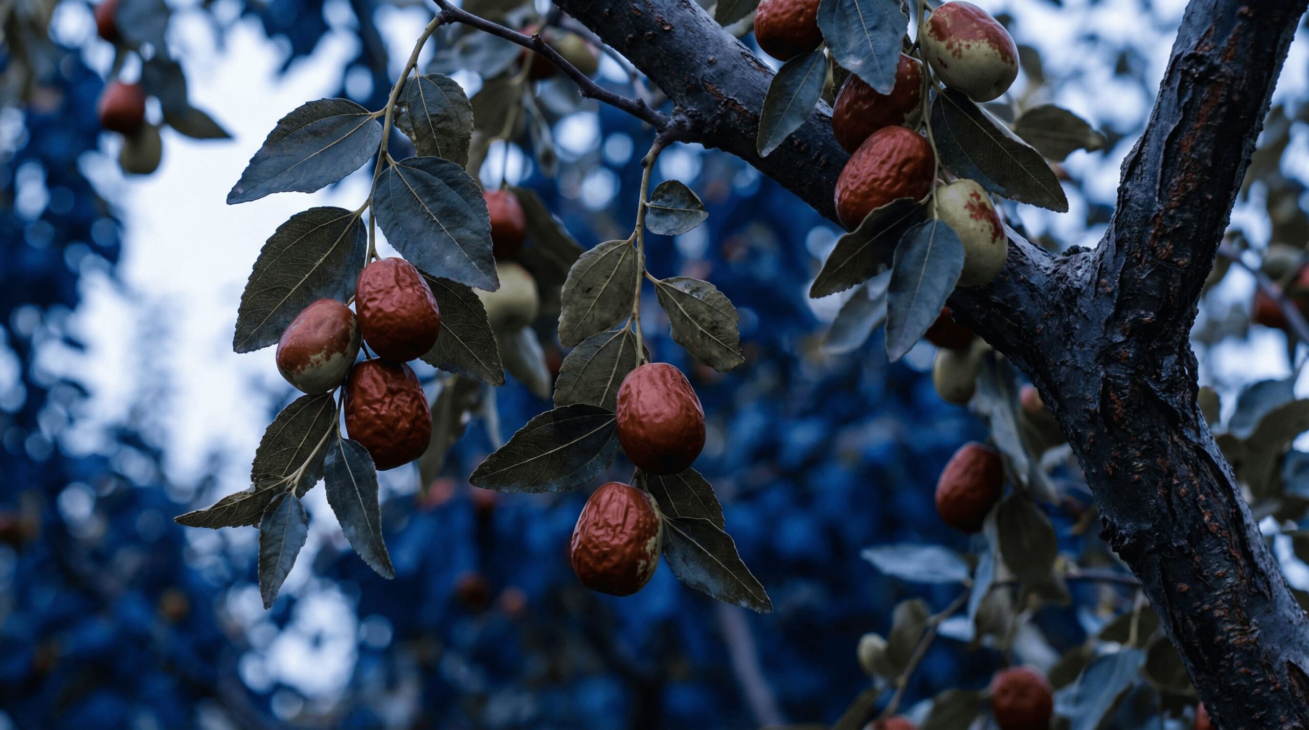 jujube chinese date fruit on tree, close-up, natural lighting