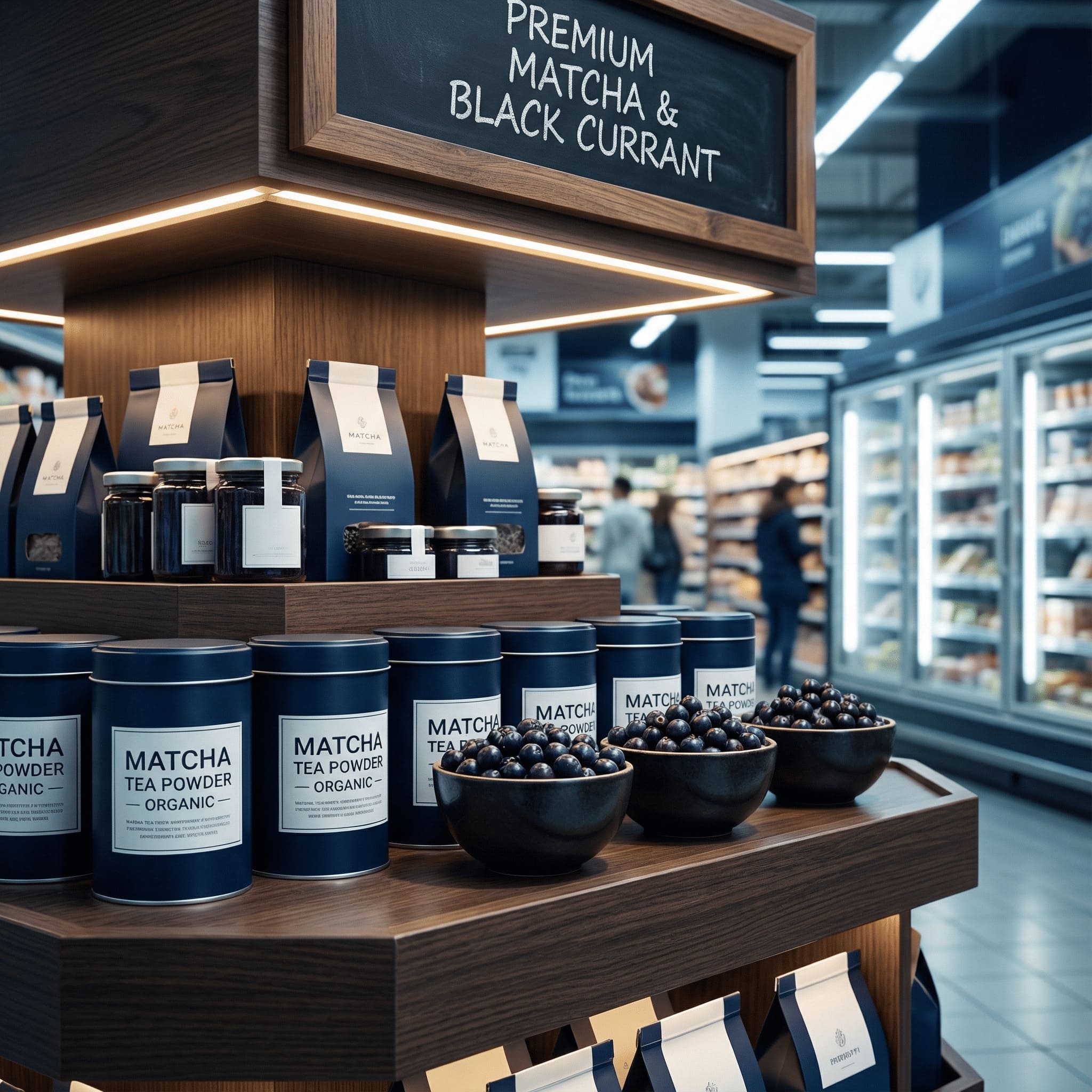 matcha tea powder and black currant berries in modern supermarket display