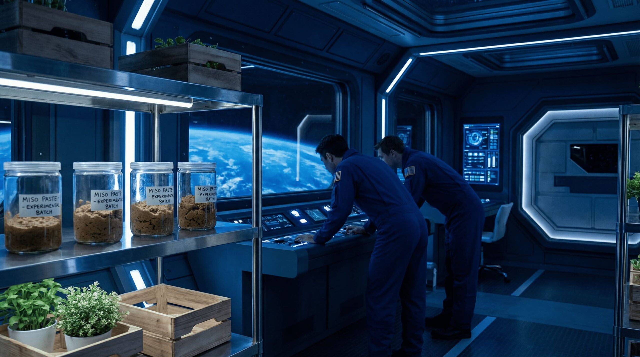 miso paste in scientific containers aboard space station, laboratory setting