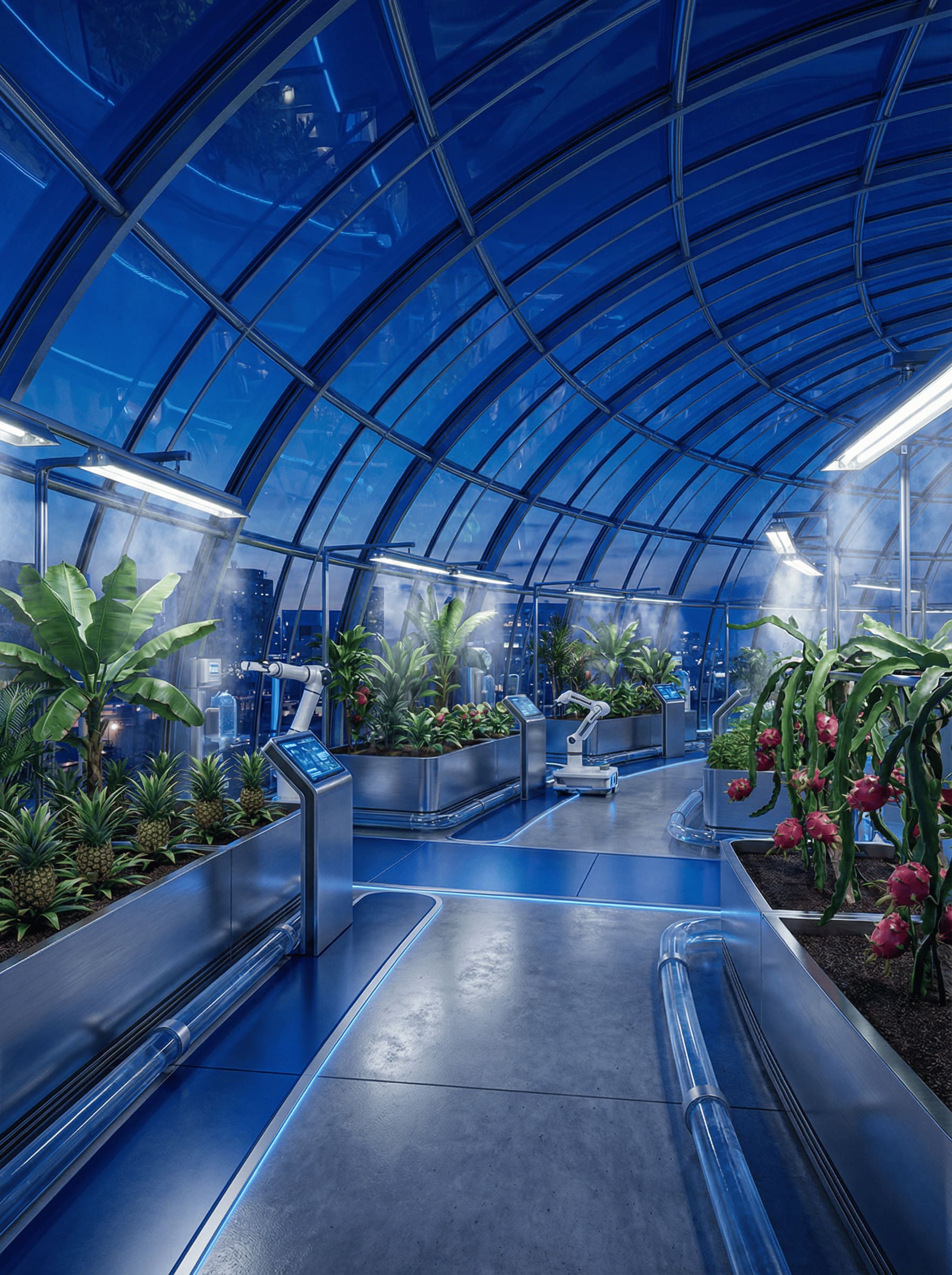 modern high-tech greenhouse growing tropical fruits