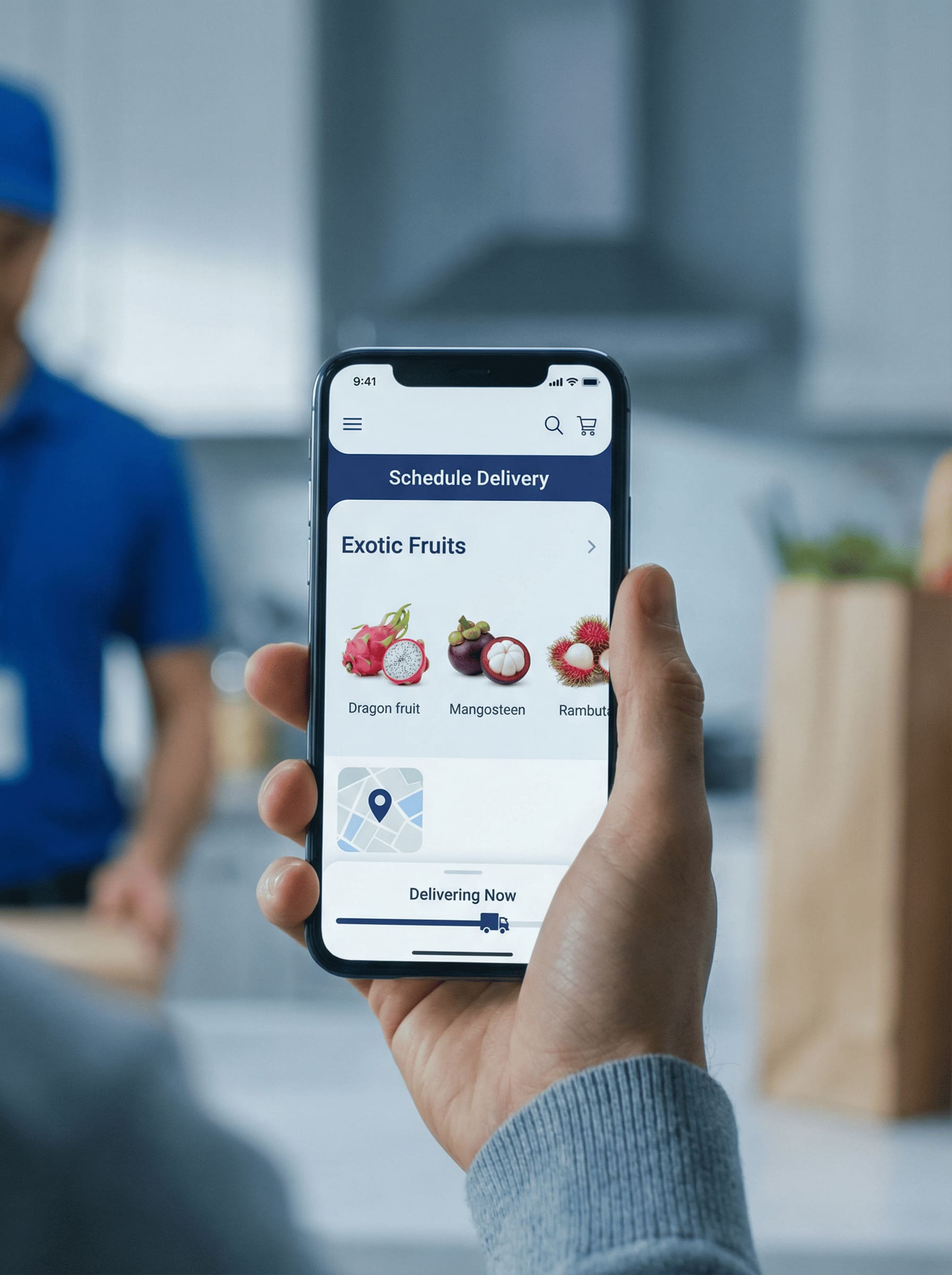 online grocery shopping app showing exotic fruits delivery