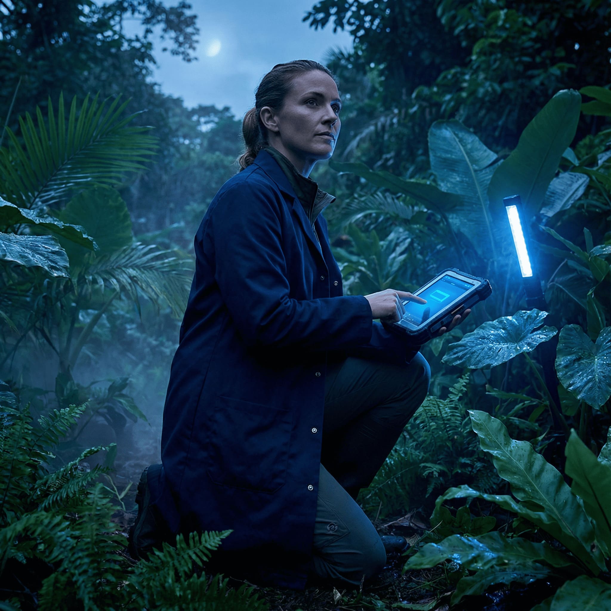 scientist using portable DNA sequencing device in tropical field setting