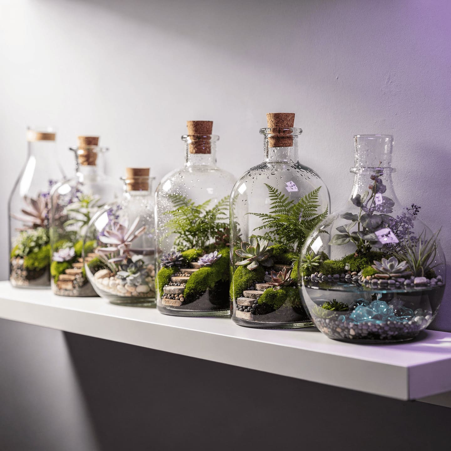 stunning collection of different bottle terrariums on shelf
